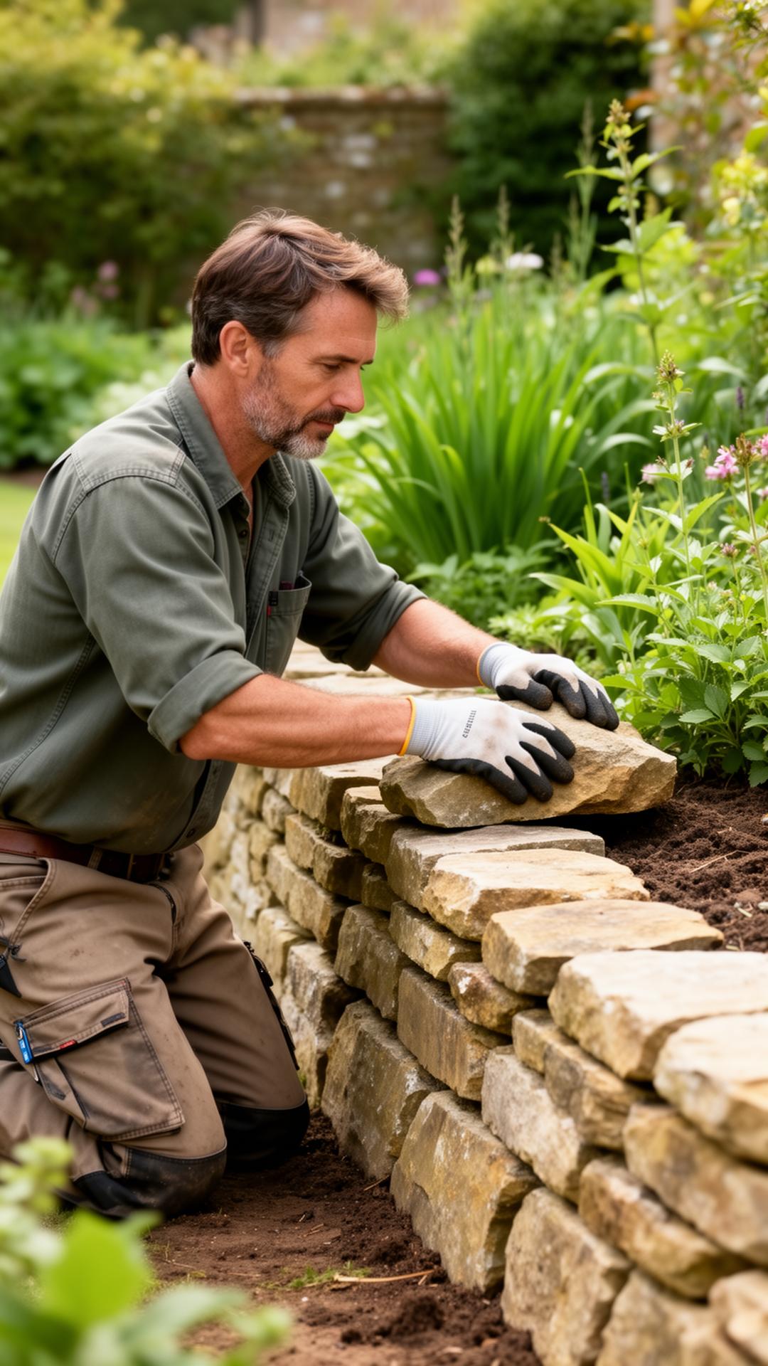 Landscape gardener building a stone retaining wall